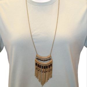 Charming Charlie Tassle Necklace Long Golden Black Rhinestones